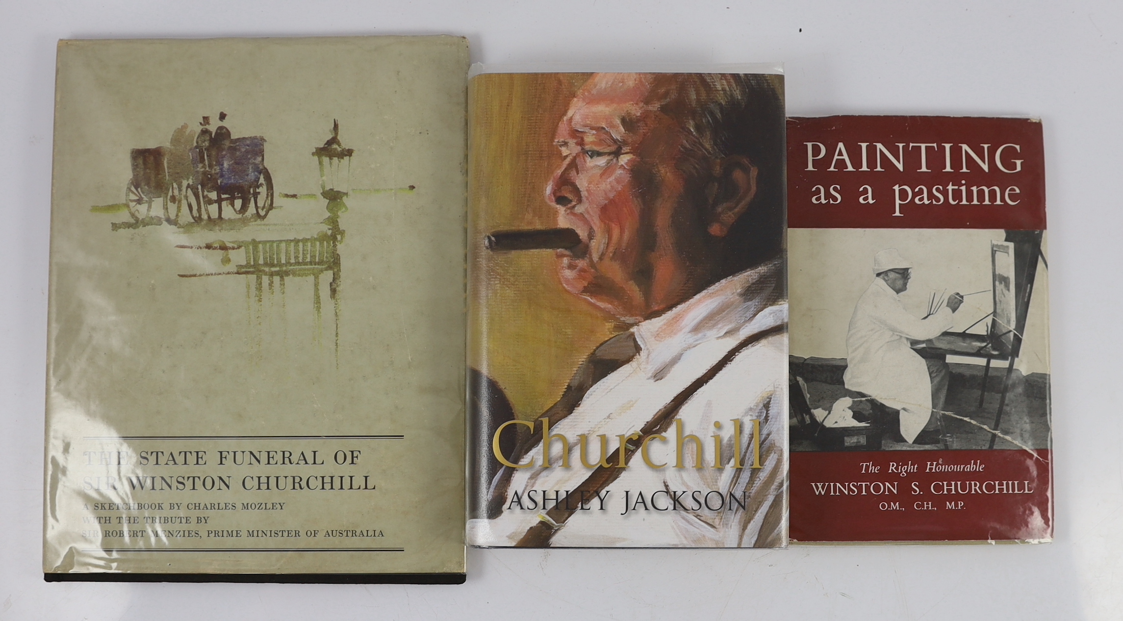 Churchill, Winston S. The Second World War. 6 volumes, 1948-1954. Painting as a Pastime. 1948. Wrappers slightly chipped. Mozeley, Charles. The State Funeral of Sir Winston Churchill. A Sketchbook by Charles Mozley. 1965